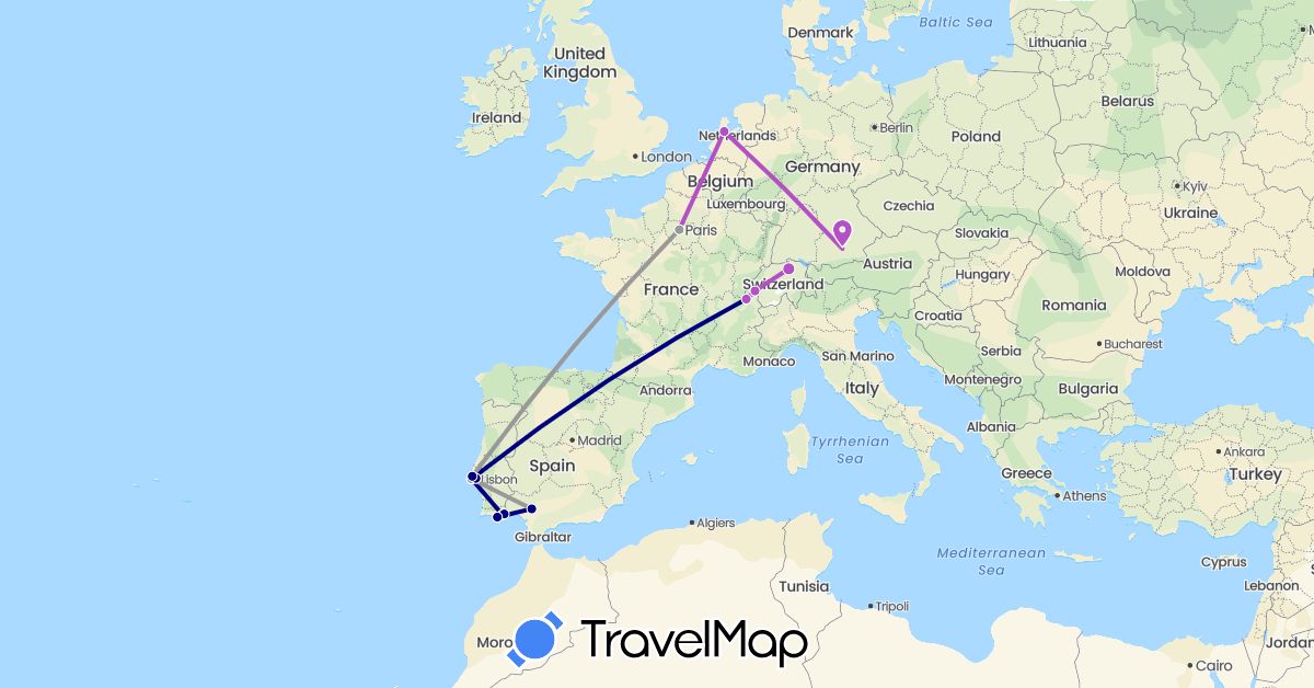 TravelMap itinerary: driving, plane, train in Switzerland, Germany, Spain, France, Netherlands, Portugal (Europe)